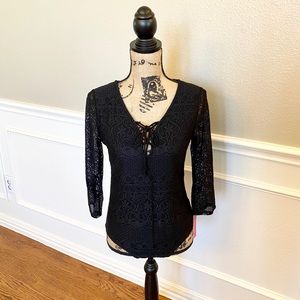 ~ Xhilaration ~ long sleeve black lace bodysuit with front tie. Size medium. NWT